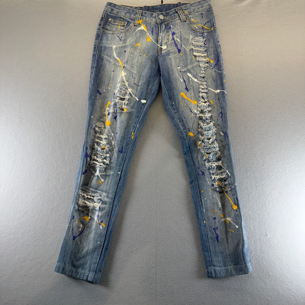BC Jeans Men Distressed Paint Splatter Slim Denim Blue Size 28 Distressed Street